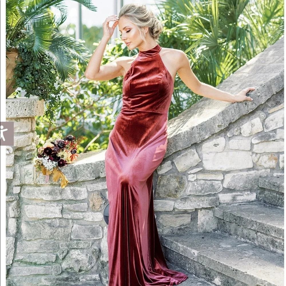 Revelry Tori Velvet Gown Terracotta Halter Open Back Maxi Dress 62008-R Size 6